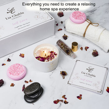 Spa Gift Set For Women / Rose Candle With Rose Quartz Crystals And Flowers, Shower Steamers, English Rose Essential Oil, 9 of 9