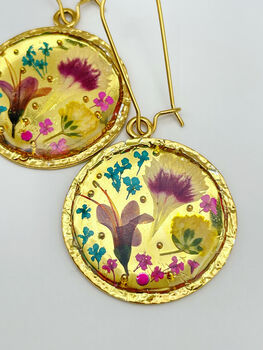 Gold Dangle Earrings With Real Pink Flowers, 5 of 10