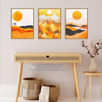 Set Three Wall Art Prints Bold Orange Sunset, 2 of 6