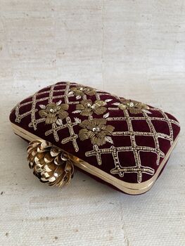 Maroon Velvet Handcrafted Rectangular Clutch Bag, 2 of 10