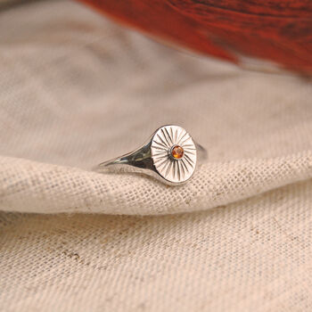 Sunburst Birthstone Signet Boho Ring In Silver Or Gold, 7 of 9