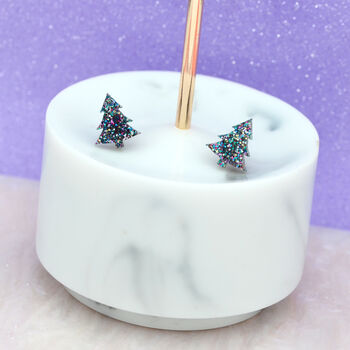 New Multi Coloured Glitter Laser Cut Christmas Tree Earrings Studs, 2 of 4