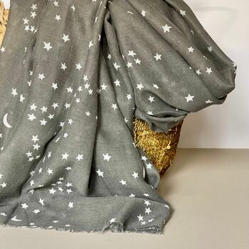 Dark Grey Scarf With Silver Small Moon And Stars Print, 2 of 2