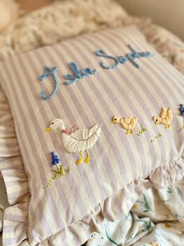 Hand Embroidered Personalised Lilac Nursery Pillow, 6 of 7