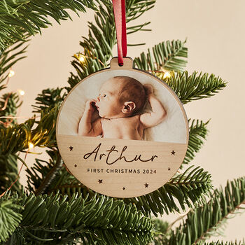 Personalised Baby's First Christmas Wooden Photo Bauble, 2 of 4