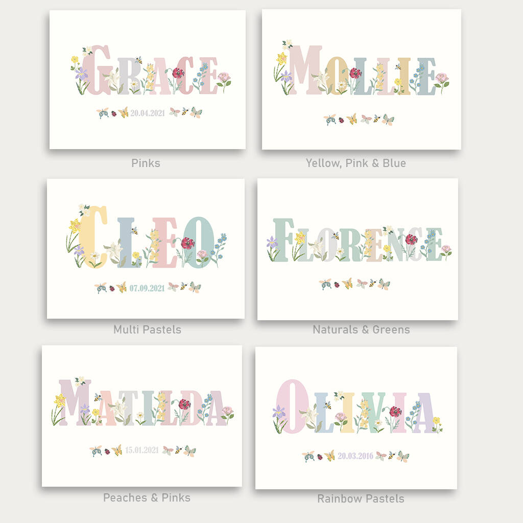 Floral Personalised Flowers Children's Name Print By Dusty Pinks ...