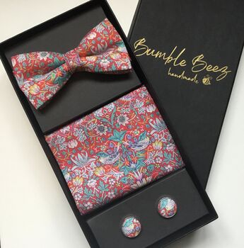 Red Liberty Bow Tie , Pocket Square Cuff Link Gift Set, 2 of 12