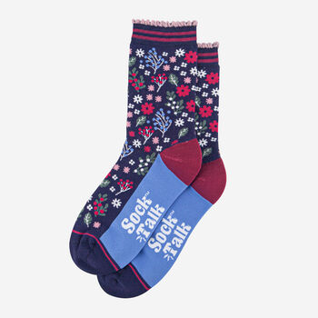 Christmas Floral Holly Mistletoe Bamboo Ankle Socks Women's Navy, 2 of 4