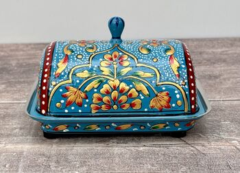 Handpainted Blue Patterned Butter Dish, 4 of 5