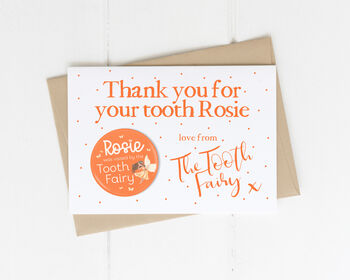 Personalised Tooth Fairy Card And Badge Orange, 5 of 7