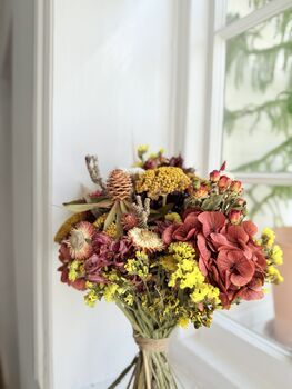 Dried Yellow Flower Bouquet With Deep Red Hydrangea, 5 of 5