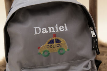 Personalised Embroidered Grey Police Car Kids Backpack With Padlock, 2 of 6