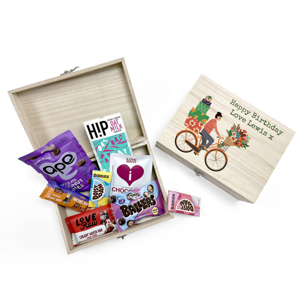 Personalised Bike Delivery Vegan Chocolate Snacks Box, 1 of 12