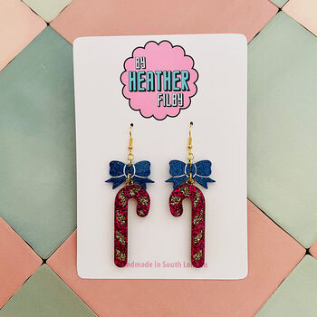 Candy Cane Glitter Resin Christmas Earrings Red And White, Pink And Blue, 8 of 8