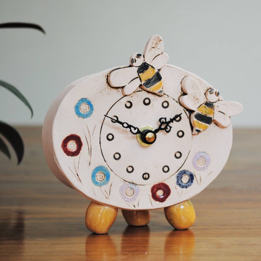 Small Mantel Clock With Bee And Meadow By IGstudio Ceramics