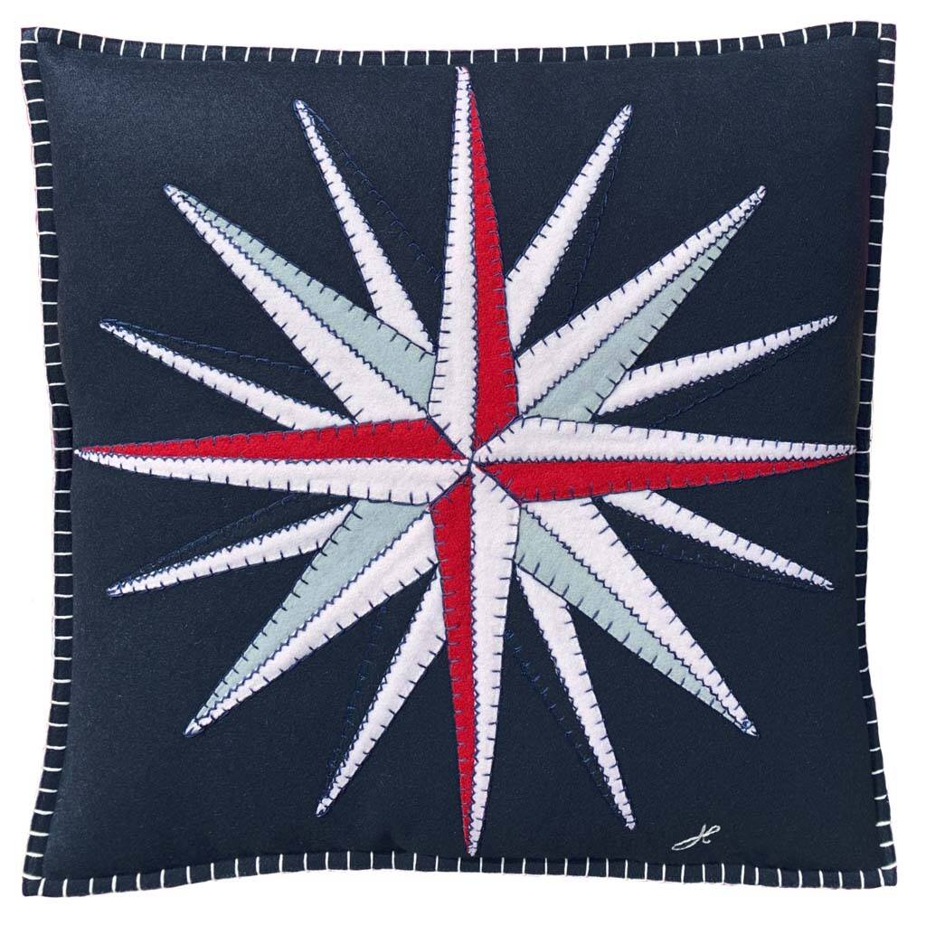 Embroidered Navy Wool Nautical Compass Cushion, 1 of 2