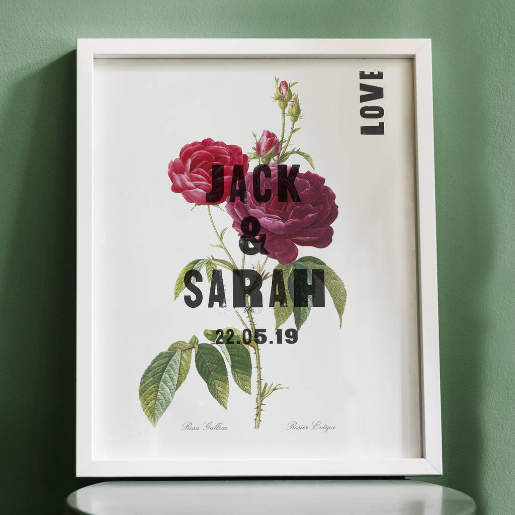 Botanical Rose Personalised Wedding Date Print, 1 of 3
