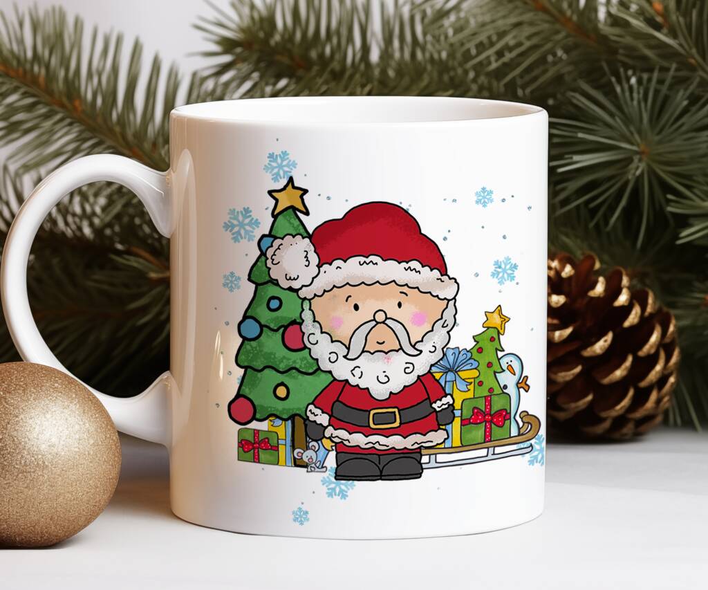 Personalised Whimsical Santa Christmas Tree Gift Mug, 1 of 2