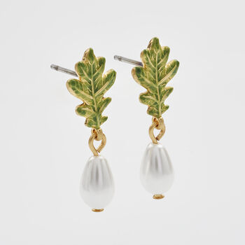 Oak Leaf Pearl Drop Gold Earrings, 3 of 8