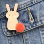 Spring Bunny Pom Pom Wooden Badge, thumbnail 1 of 3
