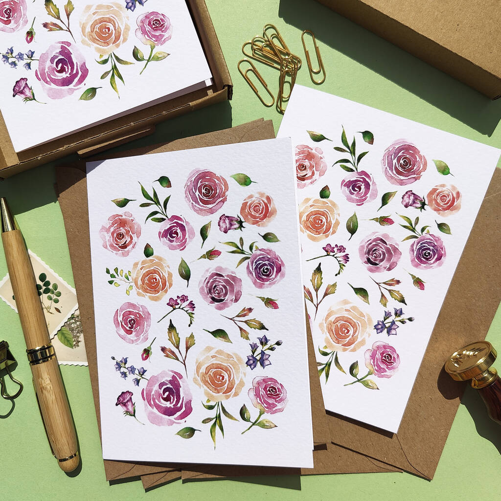 Pink Roses Note Cards And Envelopes By Paper Willow