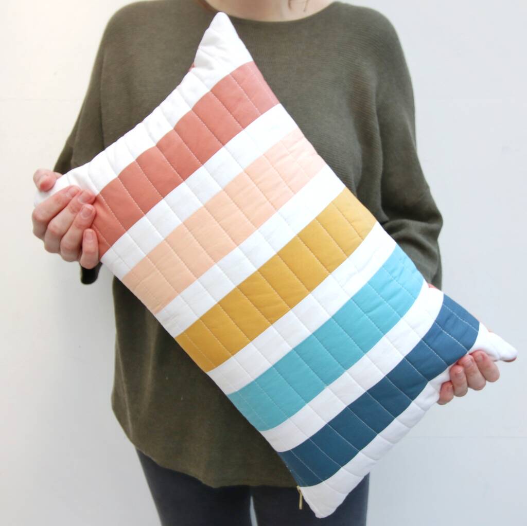 rainbow striped handmade quilted cushion cover by kindred quilting co.