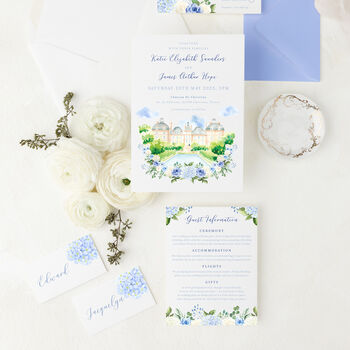 Dusty Blue Wedding Invitations With Venue Painting, 2 of 4