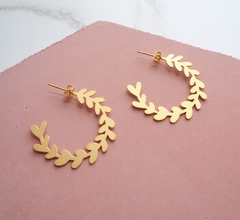 Gold Plated Olive Branch Leaf Hoop Stud Earrings, 2 of 4