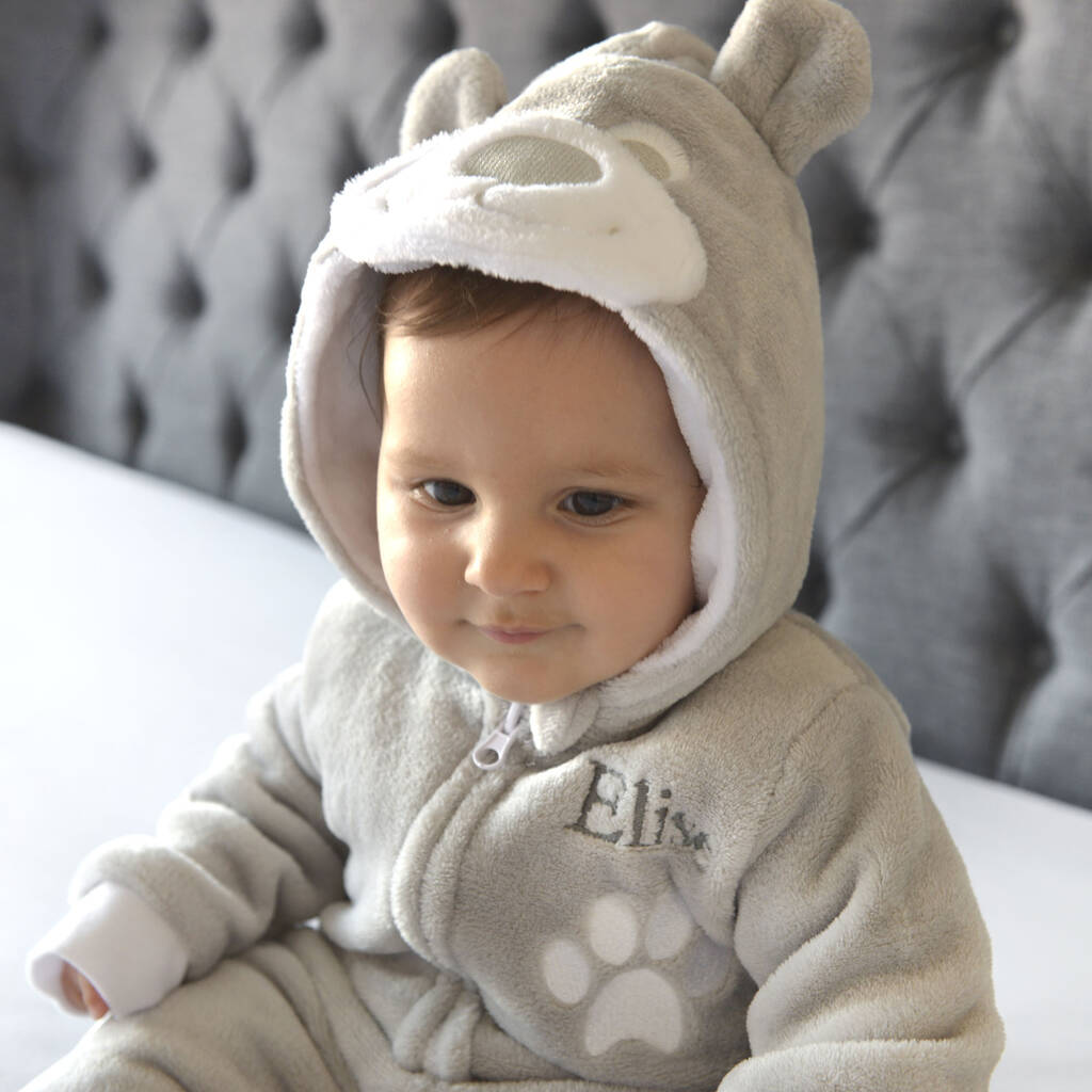 Personalised Soft Baby Grey Teddy Onesie By A Type Of Design ...