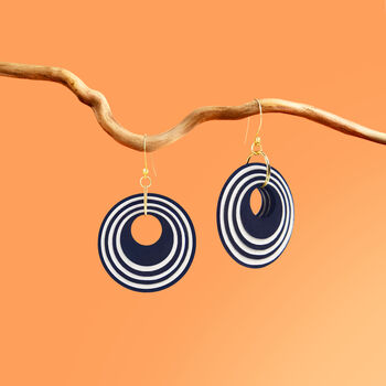Dark Navy And Pearlescent White Geometric Circular Earrings • Gold Plated Sterling Silver Hooks, 3 of 9
