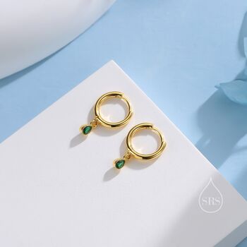 Tiny Dotted Droplet Emerald Green Cz Hoop Earrings, 6 of 11