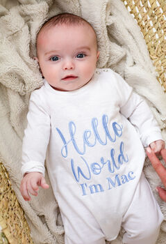 'Hello World' Embroidered Personalised Babygro Sleepsuit, 2 of 6