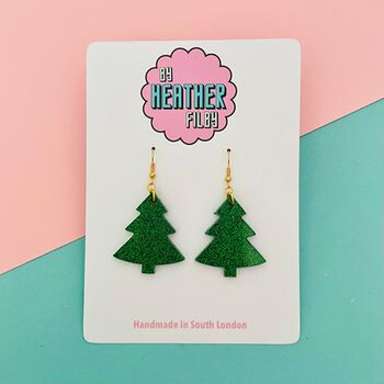 Dark Green Glitter Christmas Tree Earrings Small And Large, 2 of 2