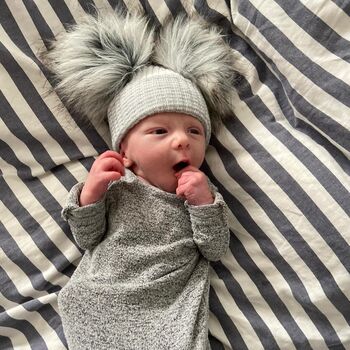 Baby Blue And White Striped Newborn Pom Pom Baby Hat, 2 of 7