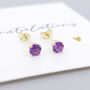 Solid 9ct Yellow Gold February Amethyst Birthstone Stud Earrings, thumbnail 6 of 9