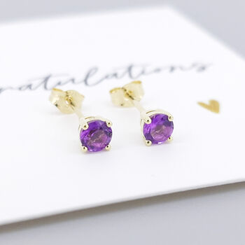 Solid 9ct Yellow Gold February Amethyst Birthstone Stud Earrings, 6 of 9