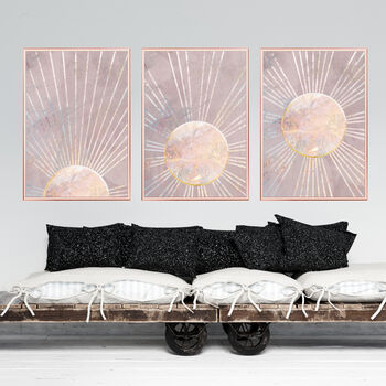 Set Of Three Boho Sun Pink Gold Wall Art Prints, 3 of 4
