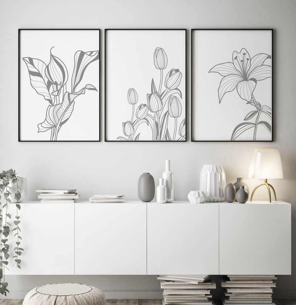 Set Of Three Contemporary Floral Art Prints By Over & Over