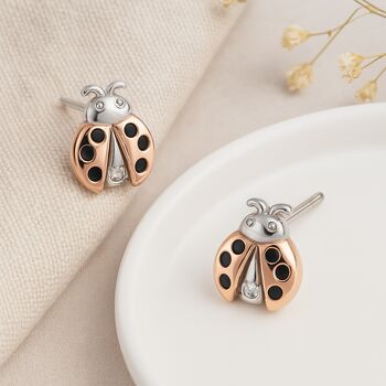 Rose Gold And Silver Diamond Ladybird Stud Earrings – 6mm, 4 of 6
