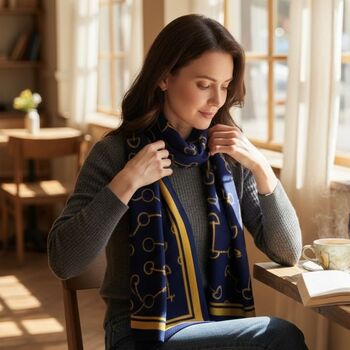 Equestrian Snaffle Bit Print Scarf | Navy Blue And Yellow, 2 of 10