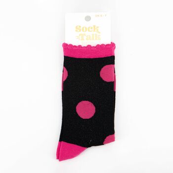 Women's Glitter Socks Hot Pink Large Polka Dots, 4 of 4