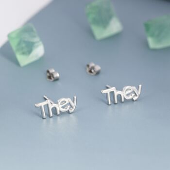 Sterling Silver He She They Pronoun Stud Earrings, 2 of 12