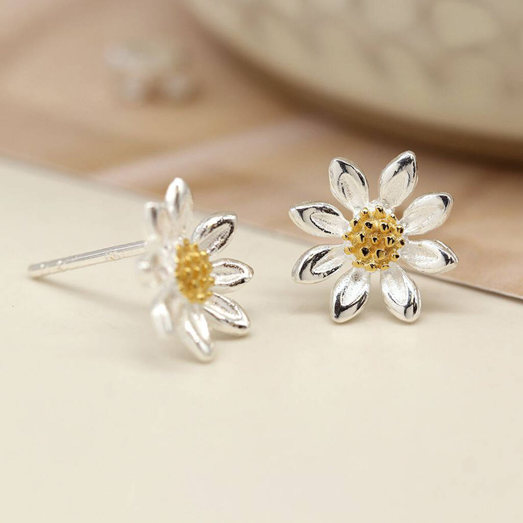 Two Tone Daisy Flower Stud Earrings In Sterling Silver By Songs of Ink ...