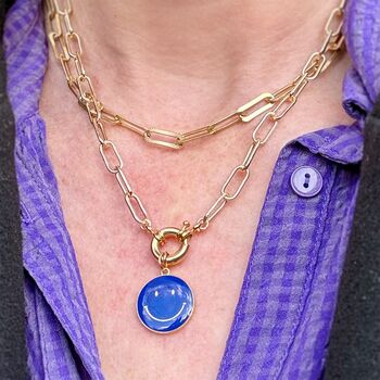 Blue Smiley Pendant Gold Textured Chain Necklace, 2 of 5