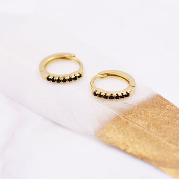 Sterling Silver Skinny Huggie Hoop Earrings With Black Cz Crystals, 2 of 12
