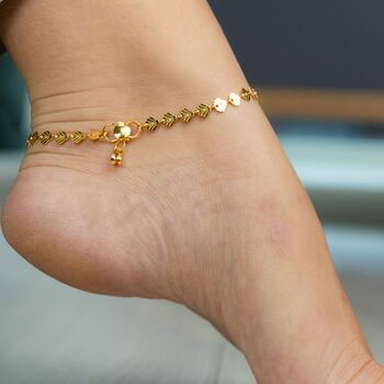 Golden Brass Fan Charm Thin Slim Foot Payal Anklet, 2 of 6
