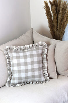 Gingham Check French Linen Frill Ruffle Cushion, 2 of 4