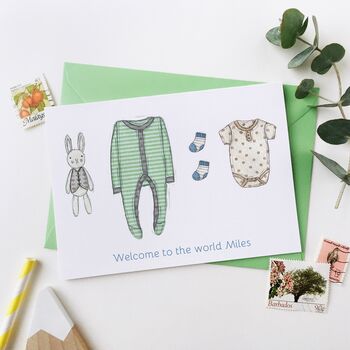 Personalised Green New Baby Clothes Card, 5 of 7