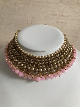 Indian Gold Plated Light Pink Pearl Choker Set, 3 of 7