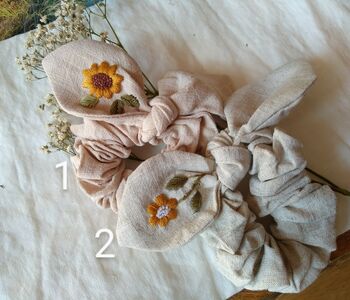 Bunny Bow Linen Scrunchies With Hand Embroidered Flower, 3 of 10